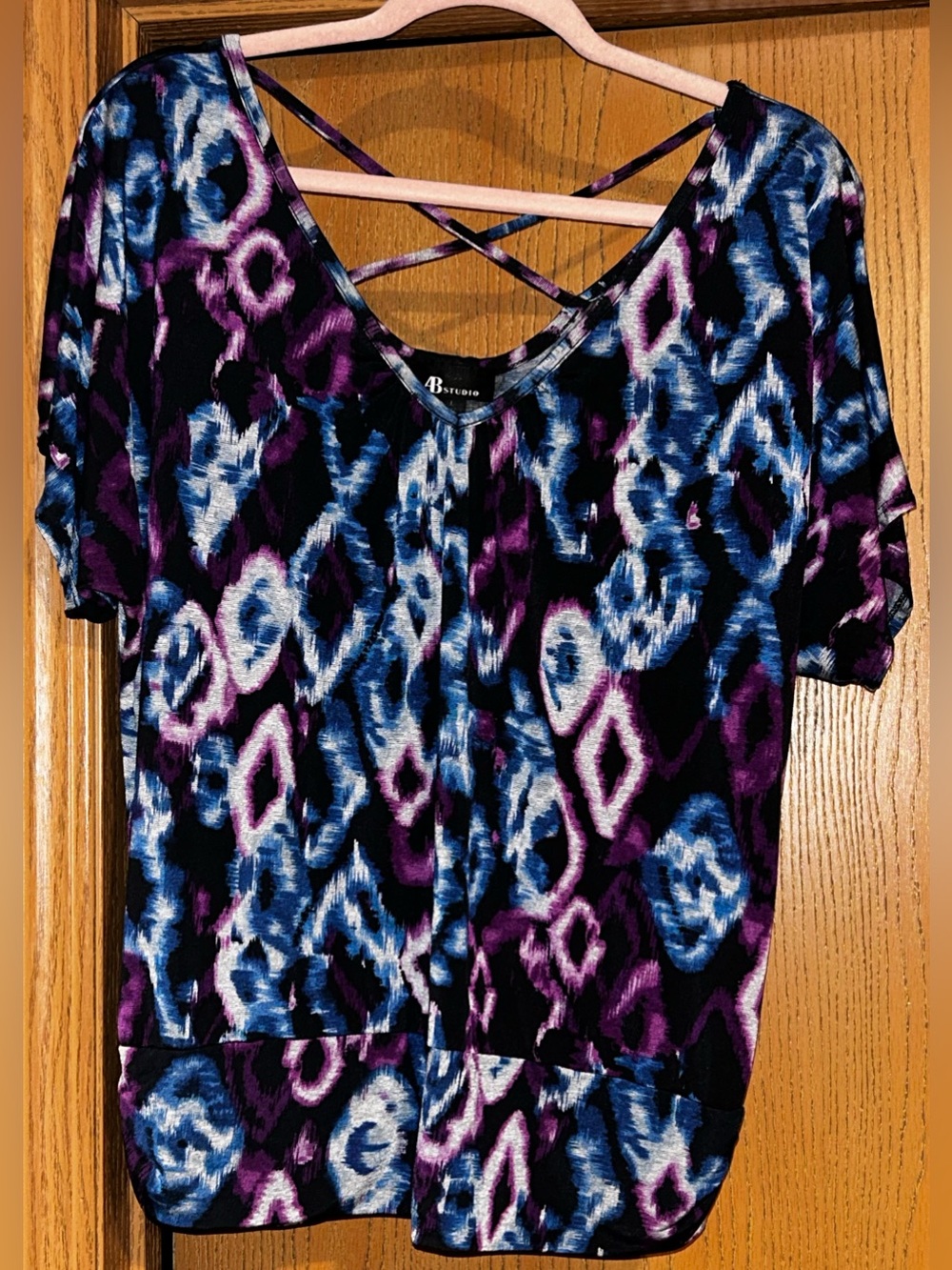 AB Studio Black, Purple & Blue Short-Sleeve Top with Crisscross Back